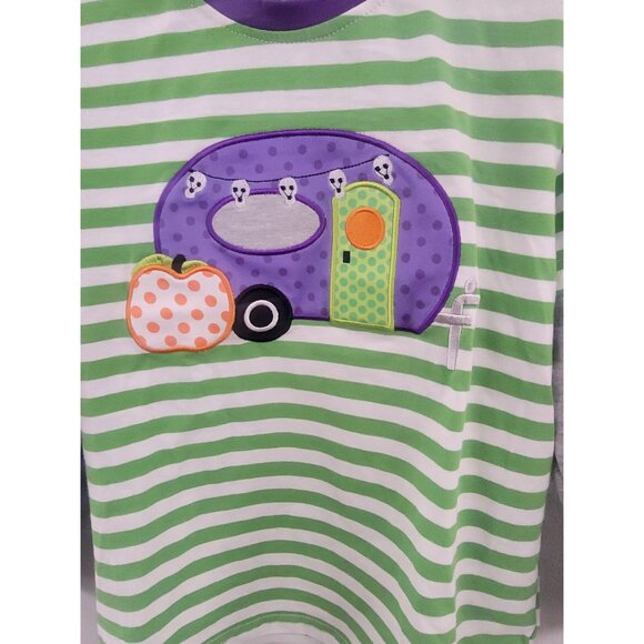 Kids Halloween Striped 5T Long-Sleeve Shirt W/ Camper & Pumpkin Design - Green & - Picture 2 of 4
